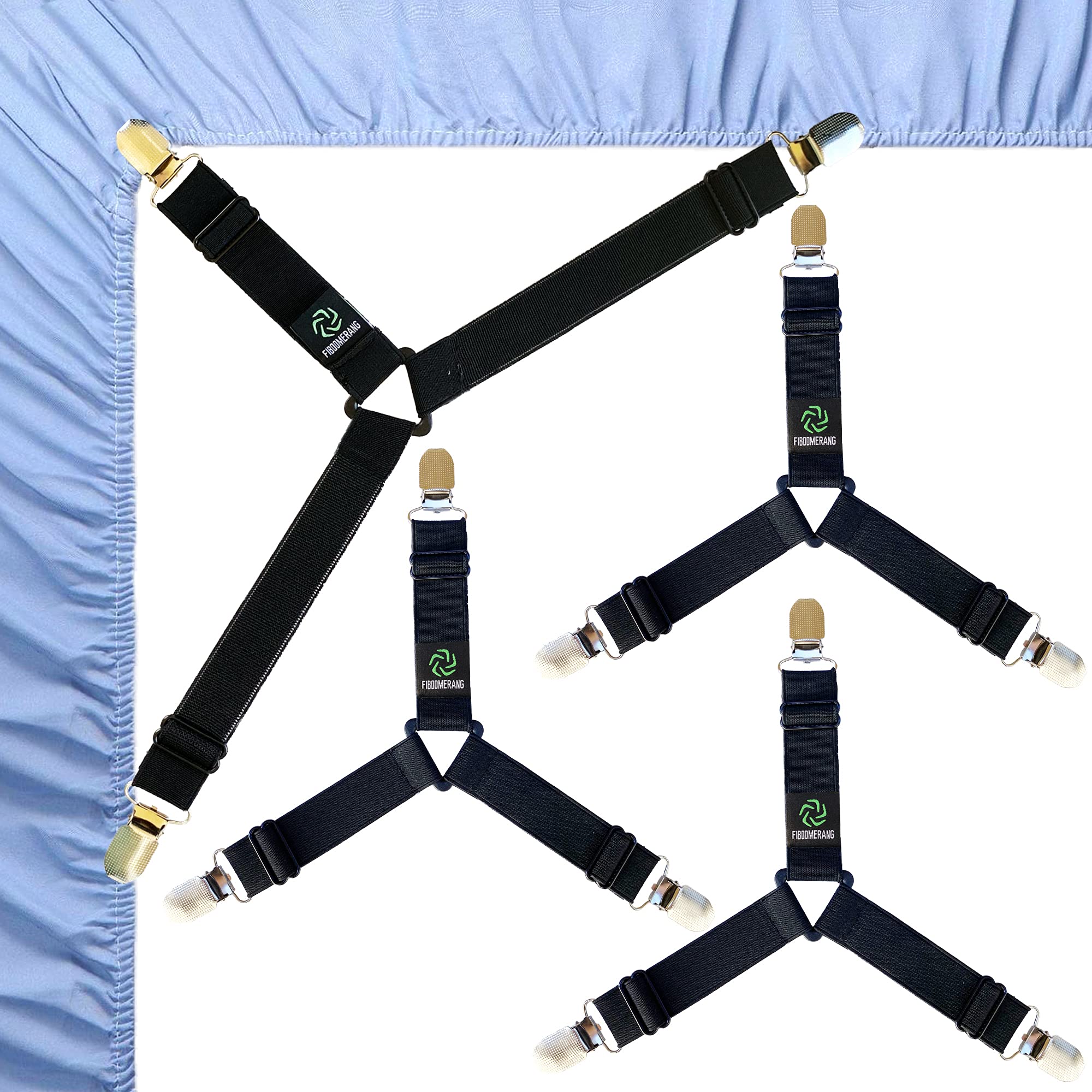 FIBOOMERANG Bed Sheet Clips - Fitted Sheet Straps for Bedding, Sheet Grippers and Mattress Straps with 3 Way Elastic Bands Bedsheet Holder Suspenders Fasteners, 4Pcs/Set Black