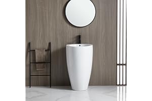 Eridanus Vitreous China One Piece Pedestal Sink, 19" L x 19" W Pedestal Bathroom Sink with Overflow, Round Pedestal Sink in Glossy White