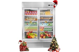 JINSONG Commercial Beverage Fridge Display Refrigerator, 54" Wide, Glass Door Refrigerator, Stainless Steel Beverage Cooler with LED Lighting & 8 Shelves for Restaurant, Office, Shop, Bar, 49 Cu.ft
