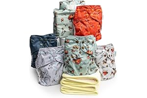 Kinder Cloth Diapers Set of 5 Reusable Baby Diapers Pocket Style Athletic Wicking Jersey, Bamboo Viscose Inserts, Wet Bag, Newborn to Potty Training 7-60lbs, One Size (Forest Fairytale)