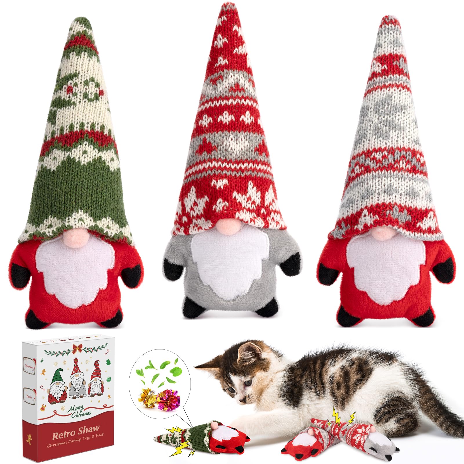 Retro Shaw Christmas Cat Toys, Catnip Toys for Indoor Kitten Kitty, Safe Kitten Teeth Cleaning Toy, Interactive Cat Chew Kitty Kicker Toy