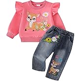 Toddler Baby Girl Clothes Infant Sweatshirt Fall Winter Long Sleeve Ruffled Cartoon Outfit Jeans Pants Set 1-5 Years