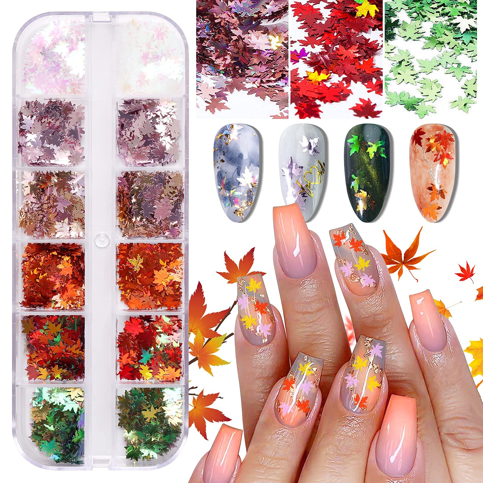 EBANKU 3D Maple Leaf Nail Art Glitter Sequins, Holographic Autumn Leaf Shape Nail Glitter for Acrylic Nails Decoration & DIY Resin Mold
