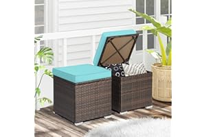 ORALNER 16" Outdoor Ottoman, Set of 2 Wicker Ottoman with Storage, All-Weather Rattan Cube Footstool w/Removable Cushions, Square Foot Rest Seating for Patio, Porch, Deck, Easy Assembly (Turquoise)