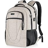 BIKROD Backpack for Women and Men, Extra Large School Backpacks for Teens, Water Resistant Back Pack with USB Charging Port Fits 17 Inch Laptop, Business Anti Theft Sturdy Computer Bag Gifts, Beige