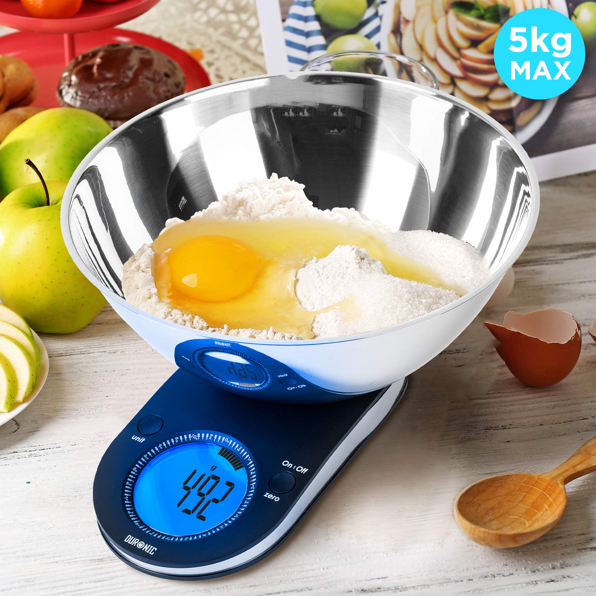Duronic Digital Kitchen Scale KS5000 Electronic Kitchen Scales with Bowl and Large Display 5kg Capacity Weighing Scales - Ideal Food Measurement, Baking scales, Pet Food, and parcel scales.