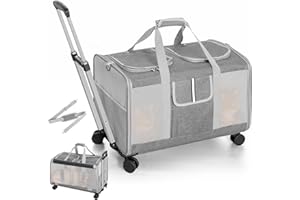 Sedioso Double Cat Carrier with Wheels, 24" L x 14.5" W x 14" H, Extra Large for 2 Big Cats, Soft Rolling Pet Carrier for Dogs Up to 40 Lbs, Double-Compartment Foldable (Grey)