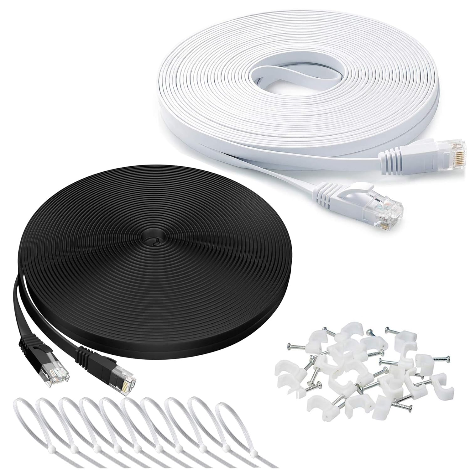 Cat 6 Ethernet Cable 100 ft Flat Cable Ethernet Cord, Slim Long Cat6 High Speed Computer Network LAN Patch Cord Wire with Clips & Rj45 for Router, Faster Than Cat5e/Cat5, 100 feet 2 pack White + Black: Industrial & Scientific