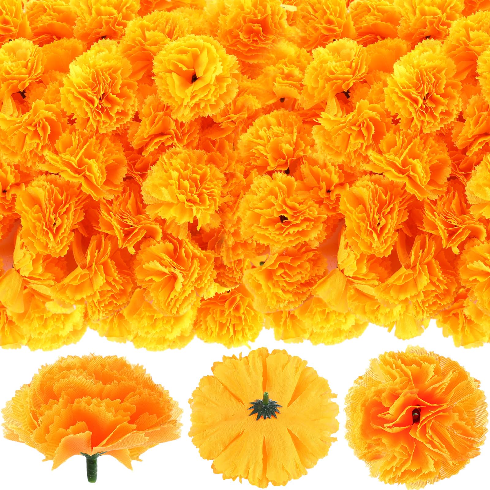 Photo 1 of Hanaive 300 Pcs 3.5 Inch Artificial Marigold Flower Heads Bulk Orange Halloween Flowers with Stems for DIY Garland Decor Diwali Dia De Los Muertos Day of The Dead Indian Wedding Mexico Party