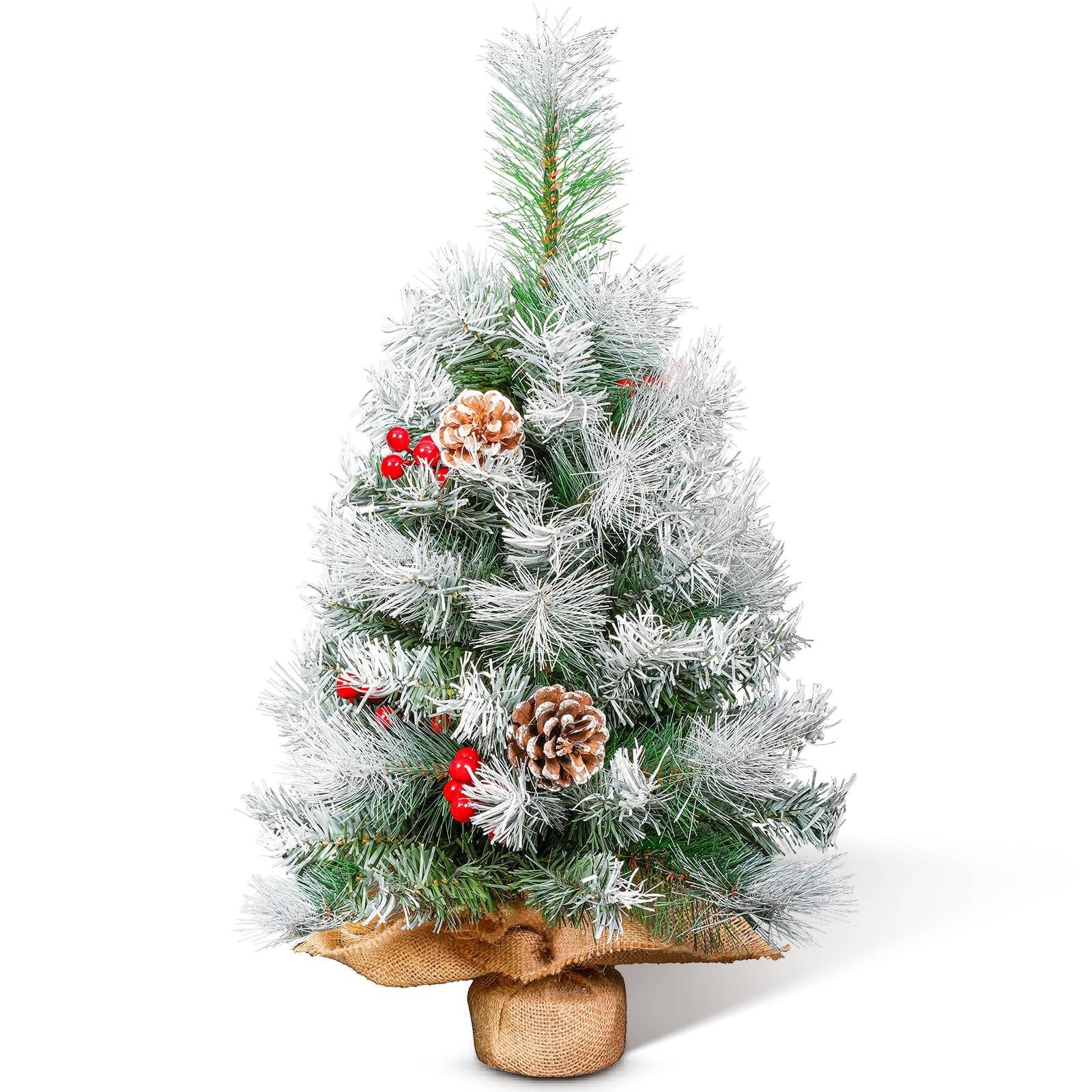 AGM Mini Christmas Tree 2ft, 60cm Frosted Tabletop Christmas Tree with Red Berries and Pinecones, for Christmas Home Kitchen Dining Table Decor