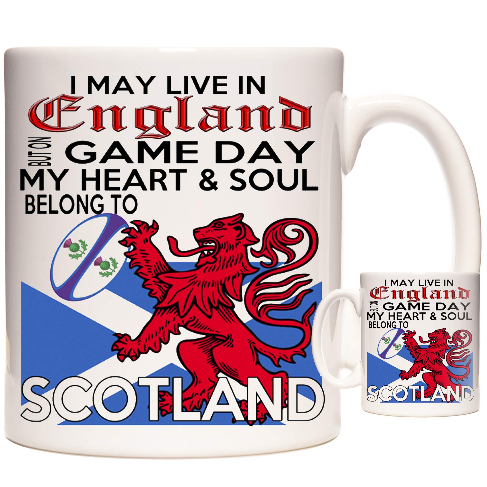 Scottish Rugby Mug, I May Live in England but on Game Day My Heart and Soul Belong to Scotland. 11oz Ceramic Gift Mug for Fans of Scottish Rugby