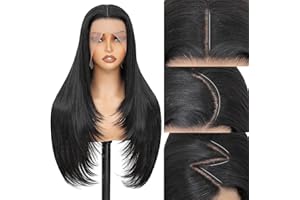 WIGAGA Synthetic Lace Front Wig 13x4 HD Lace Layered Hairstyle Pre Plucked Hairline Straight Long Black Glueless Wigs for Black Women 26 Inch Beginner Friendly