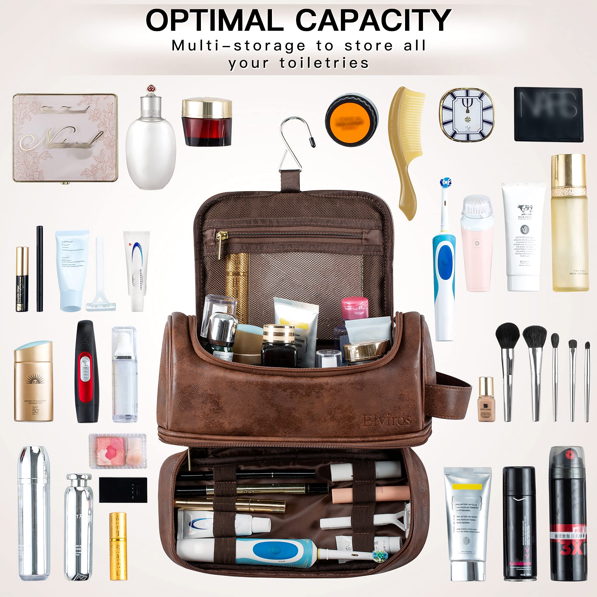 Elviros Toiletry Bag for Mens PU Leather Travel Organizer Kit with Hanging hook, Large Water-resistant Toiletries Bathroom Shaving Bag, Gift For Men (Dark Brown)