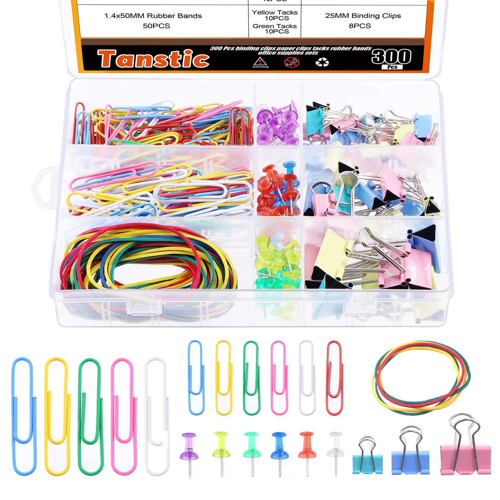 Tanstic 300Pcs Colored Office Clips Set, Assorted Sizes Paper Clips Binder Clips, Paper Clamps Paperclips Push Pins Rubber Bands Tacks for Office School Home Supplies Document Organizing
