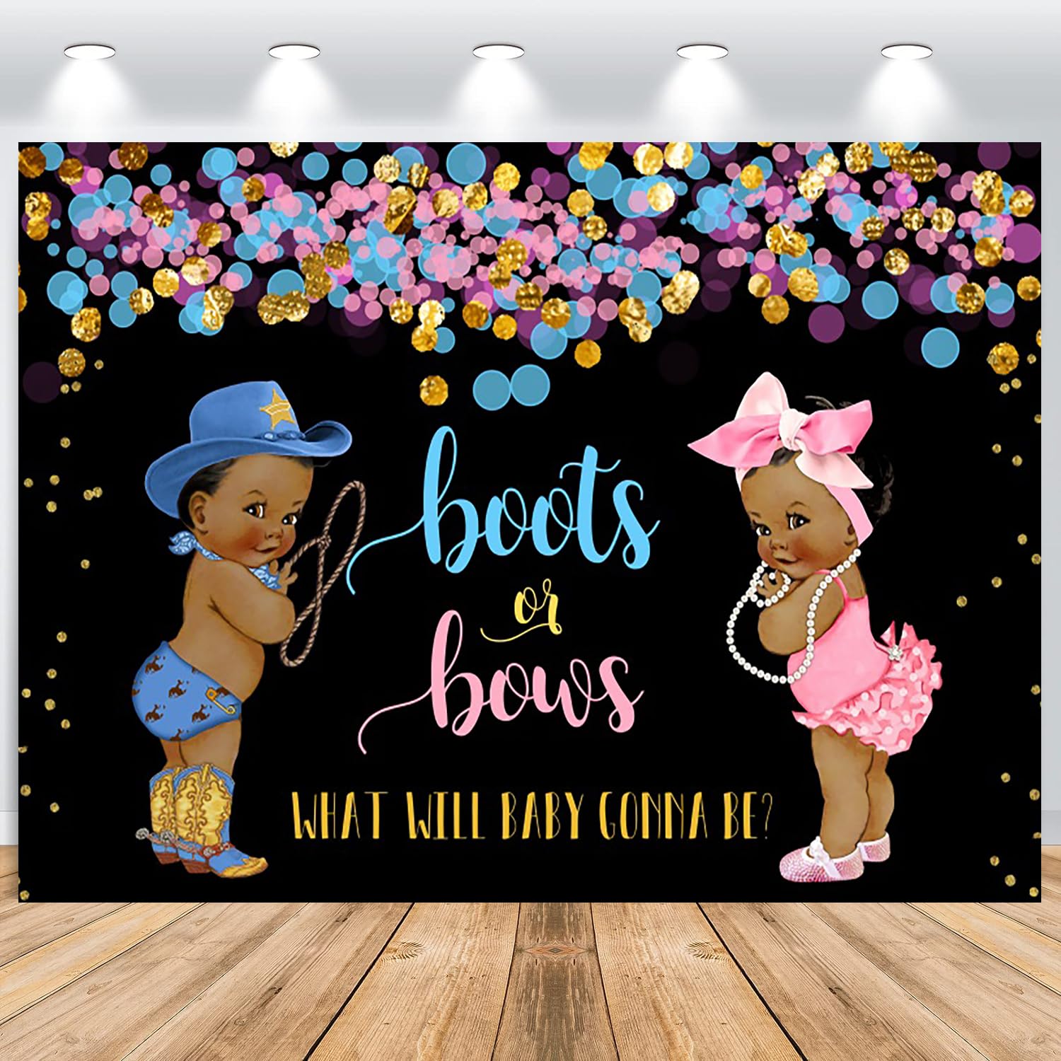 ASDCXZ Gender Reveal Backdrop 2.2x1.5m, Boots or Bows Black Baby Pink Blue Photography Backdrop, Vinyl Photo Backdrop for Baby Shower Banner Decorations Booth Props