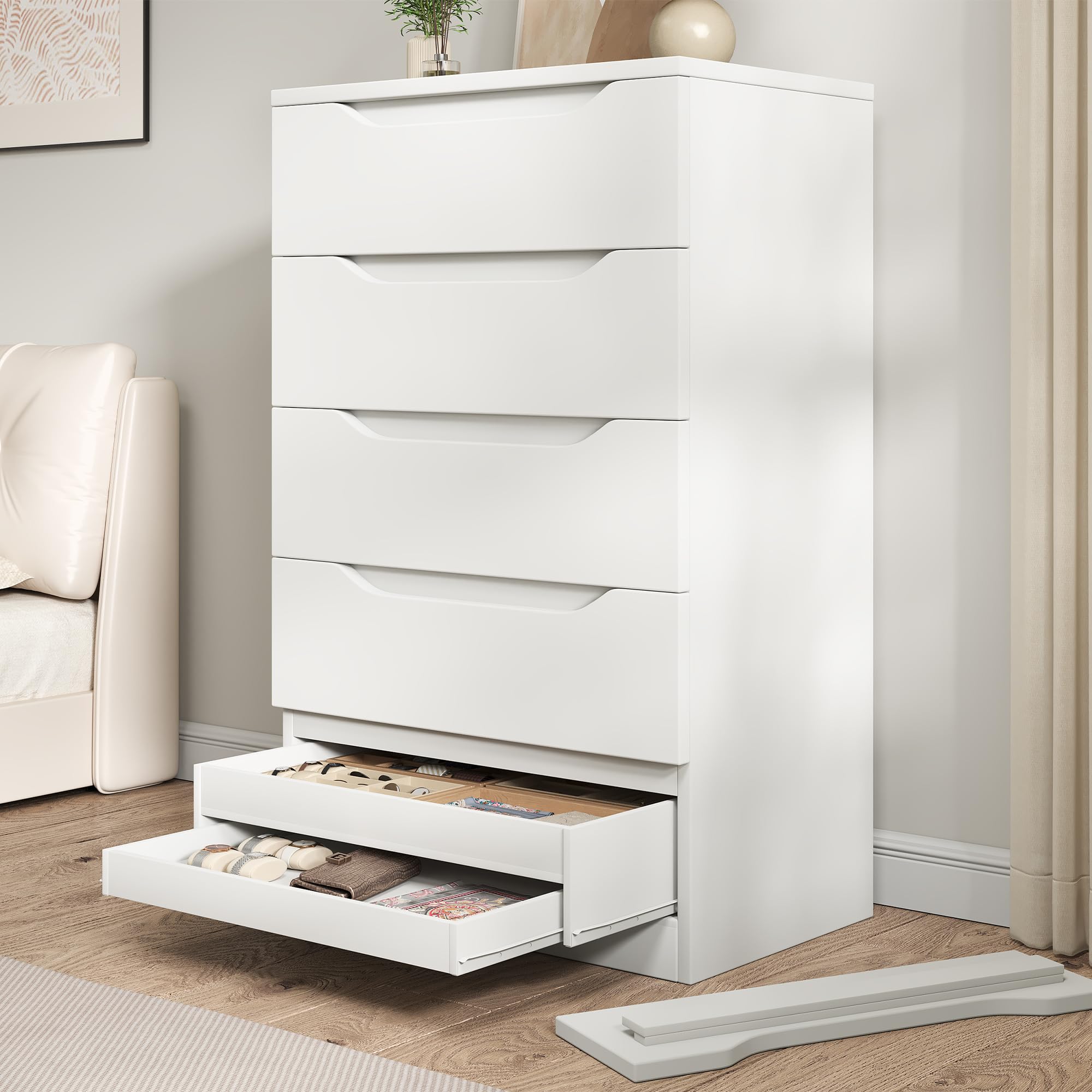 Photo 1 of ***FINAL SALE, VIEW NOTES*** White Tall 5 Drawer Dresser for Bedroom with Hidden Storage Design, Large Modern Closet Dressers & Chests of Drawers with Cut-Out Handles, 27.6" L*15.8" W*45.3" H for Bedroom, Living Room, Nursery