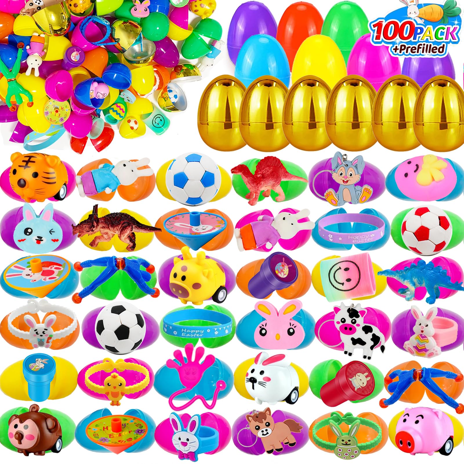 100 PCS Prefilled Easter Eggs with Toys Inside, Easter Egg Fillers, Easter Eggs Filled, Easter Basket Stuffers Party Favors Easter Egg Hunt Classroom Prize Supplies Easters Gifts for Kids Boys Girls