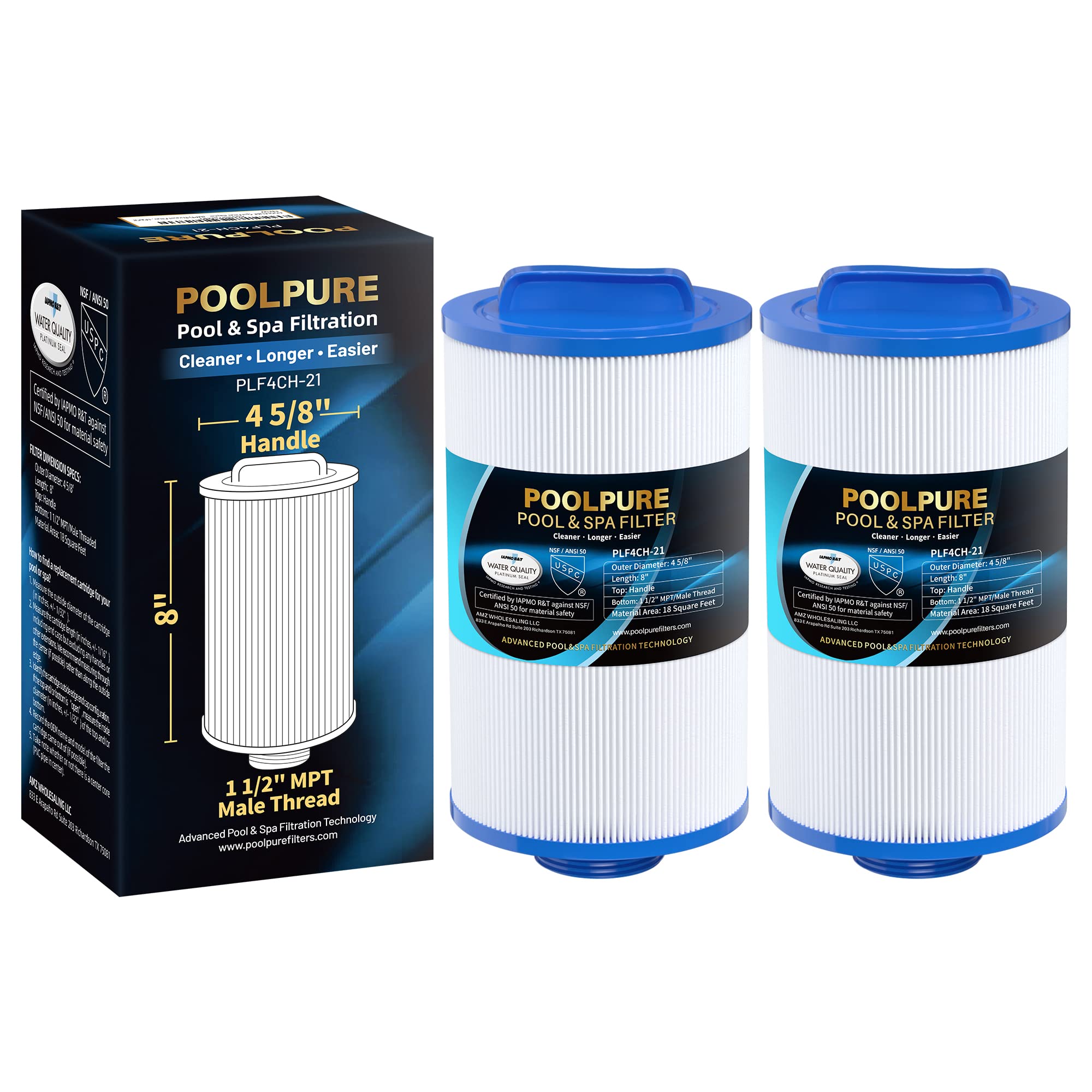 POOLPURE 4CH-21 Spa Filter Replaces PDM25P4, PTL18P4, PA13, PA17, Filbur FC-0121, 20245-238, PVT-25N, Baleen AK-9003, SD-00845, 18 sq.ft Screw in Male Fine(1 1/2" MPT) Thread Filter 2 Pack