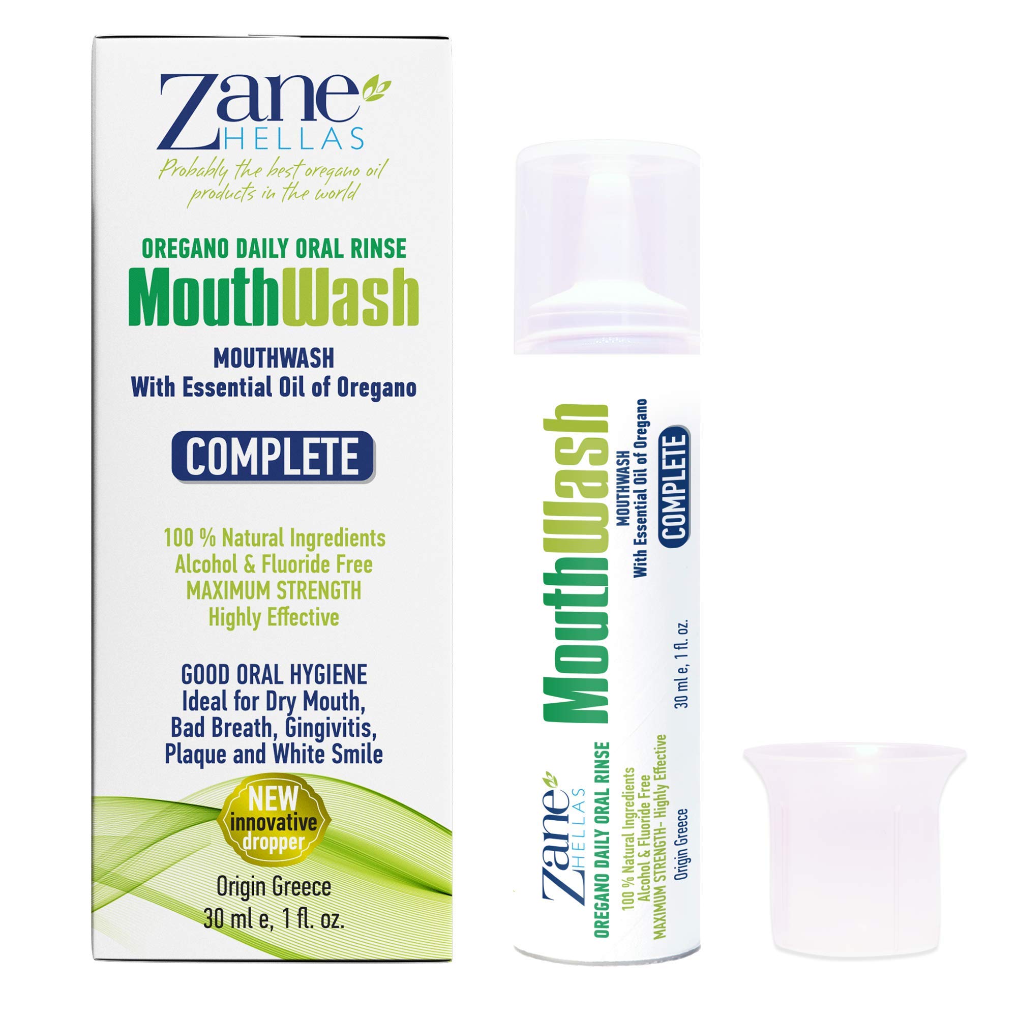 Zane Hellas MouthWash. Oral Rinse with Oregano Oil Power. Ideal for Gingivitis, Plaque, Dry Mouth, and Bad Breath. Alcohol and Fluoride Free. 100% Herbal Solution. 1fl.oz.-30ml.