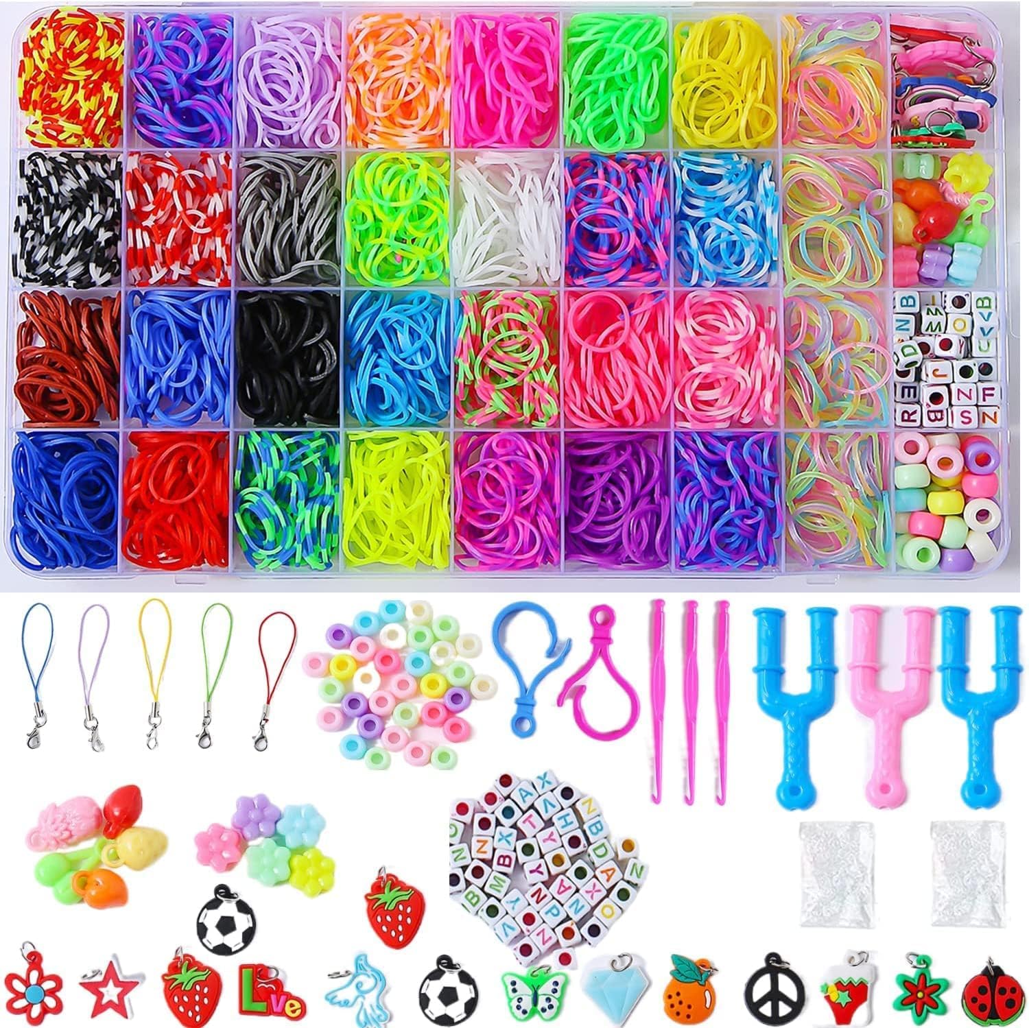JcoGel 2500+ Rubber Bands,Loom Band Kit, DIY Rubber Bands Set for Bracelet, 15 Charms, 80 + Beads, 3 Crochet Hooks, 96 S Clips, Gift for Boys Girls