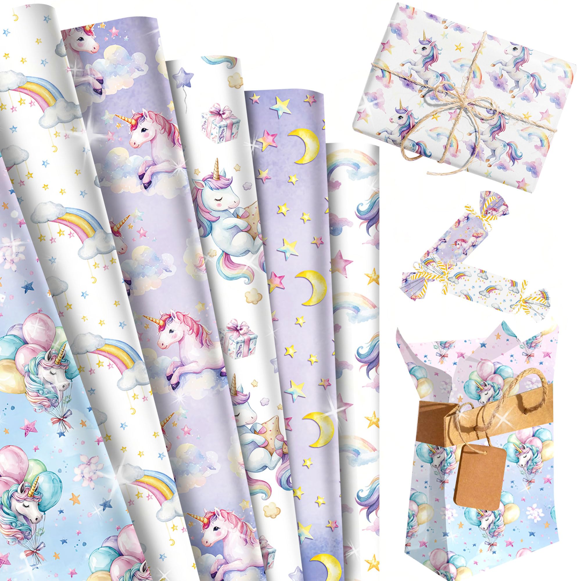 12 Sheet Unicorn Wrapping Paper Roll Unicorn Packing Sheet Rainbow Birthday Wrapping Paper for Girls Birthday Party Supplies Favors