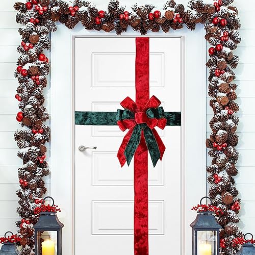 Sursurprise Red Green Christmas Front Door Bow Decorations, Velvet Xmas Door Bow Large, Baby Shower Wedding Celebration, Wrapping for Window Fireplace Cabinet, Festive Season Home Party Supplies