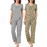 Ekouaer Pajama Sets for Women 2 Pack, Short Sleeve with Long Pant Pjs Sleepwear Comfy Lounge Sets with Pockets