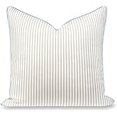 Hofdeco Premium Coastal Hampton Patio Indoor Outdoor Throw Pillow Cover Only, 20"x20" Water Repellent for Backyard, Couch, Poolside, Neutral Tan Blue Print Stripes