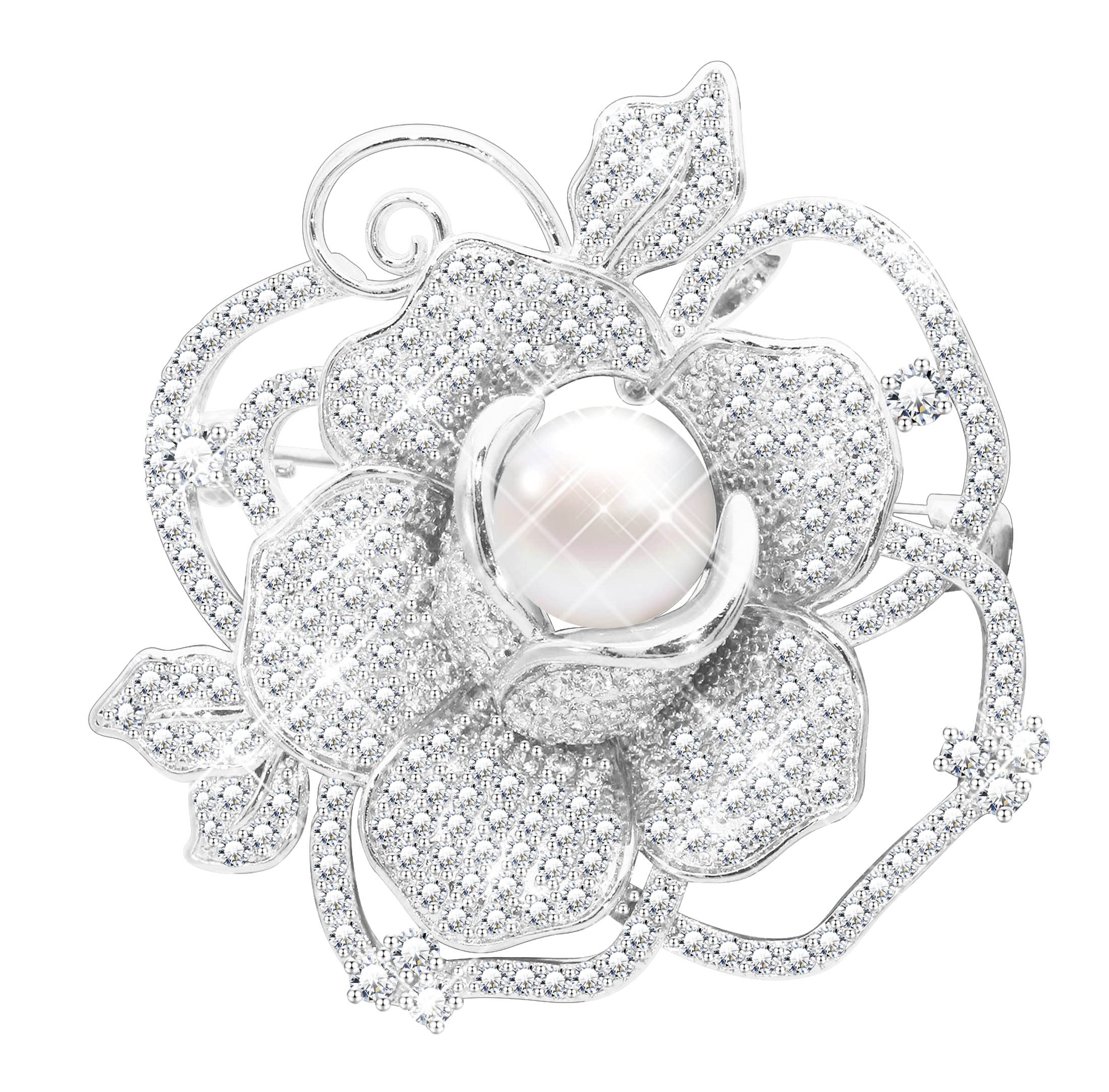 KristLand Flower Brooch Retro Art Deco White Gold Plated Rose Flower Outfits Brooch with Sparkly Cubic Zirconia Pearl Breastpin Corsage Wedding Party Bride Birthday Gift for Women Ladies