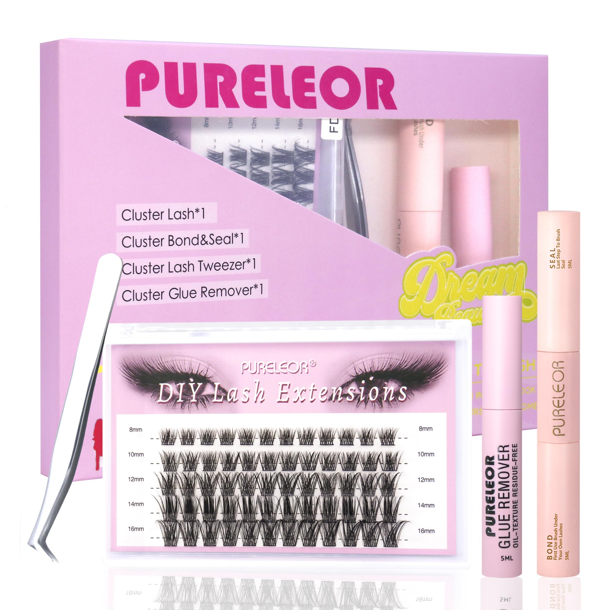 Cluster Lashes DIY Eyelash Extensions Kit with Bond and Seal Lash Applicators Individual Lashes Remover Kit Wispy Fluffy (60pcs 8-16MM)