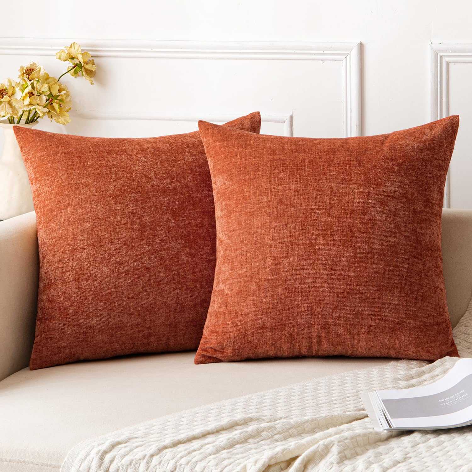 Photo 1 of Woaboy Pack of 2 Rust Fall Pillow Covers 18x18 Inch Soft Chenille Couch Throw Pillows Solid Color Cushion Covers Home Decoration for Sofa Living Room