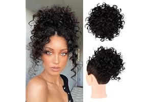 HOOJIH Messy Hair Bun Hair Piece Elastic Drawstring Loose Wave Large Curly Bun Short Synthetic Ponytail Extension Hair Bun Extension for Women Daily Use - Black Brown