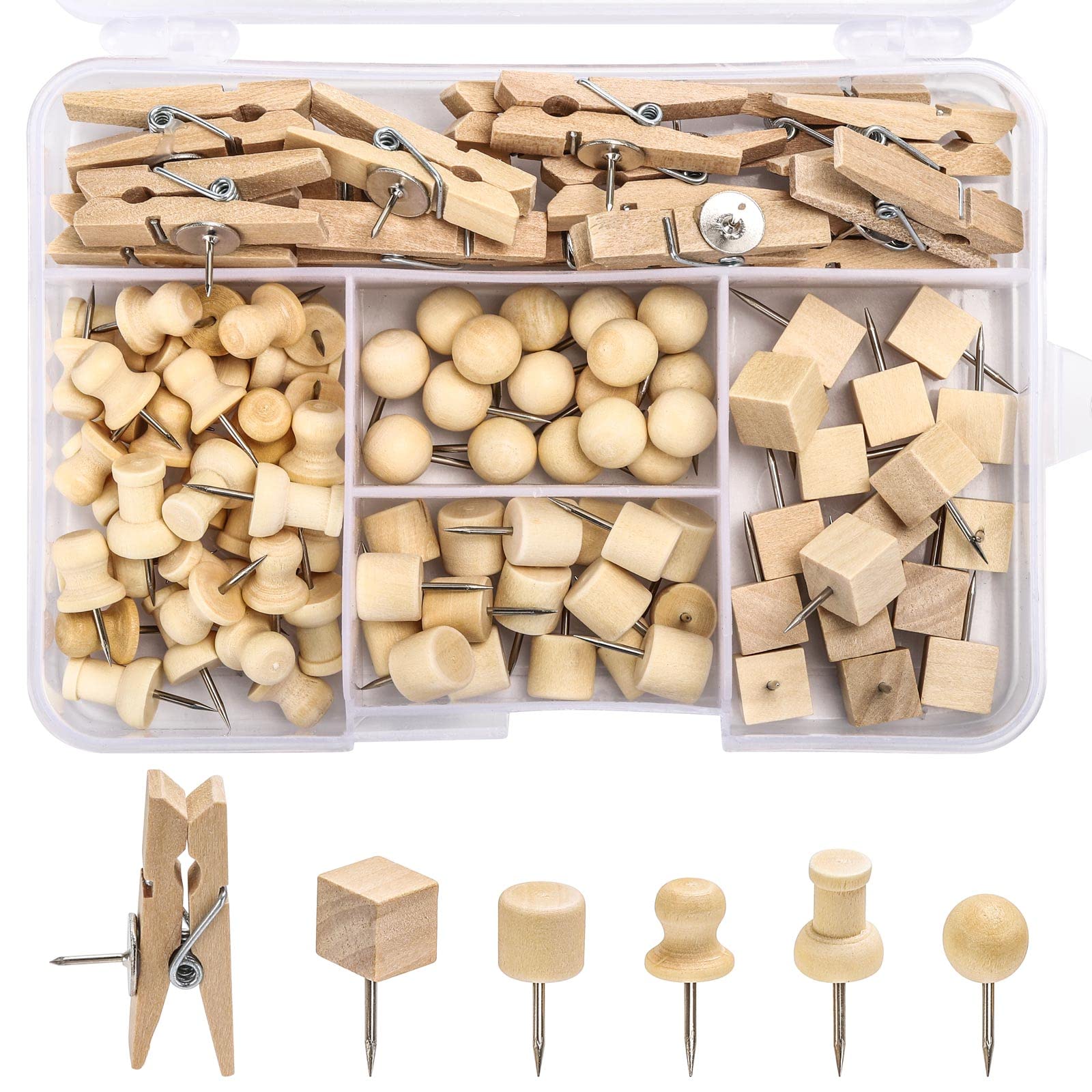 102 Pcs Wood Push Pins 6 Sizes Thumb Tacks for Wall Hangings Corkboard Office or Home