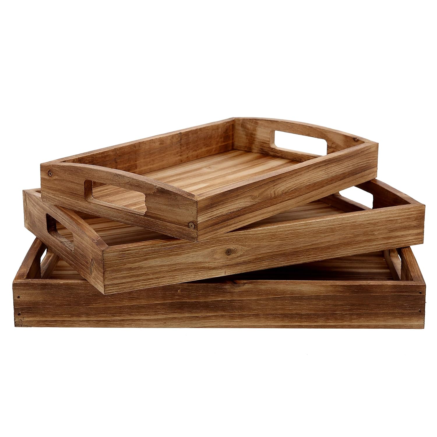 Barnyard Designs Torched Wood Nesting Serving Trays Handles Rustic