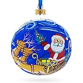 Jolly Santa Riding Sleigh with Reindeer Glass Ball Christmas Ornament 4 Inches