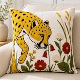Embroidered Cheetah Throw Pillow Cover, 18x18 Inch Decorative Pillowcase | Vintage Floral Animal Leopard Cushion Case, Modern Farmhouse Boho Accent Pillowcase for Living Room Sofa Couch Bedroom
