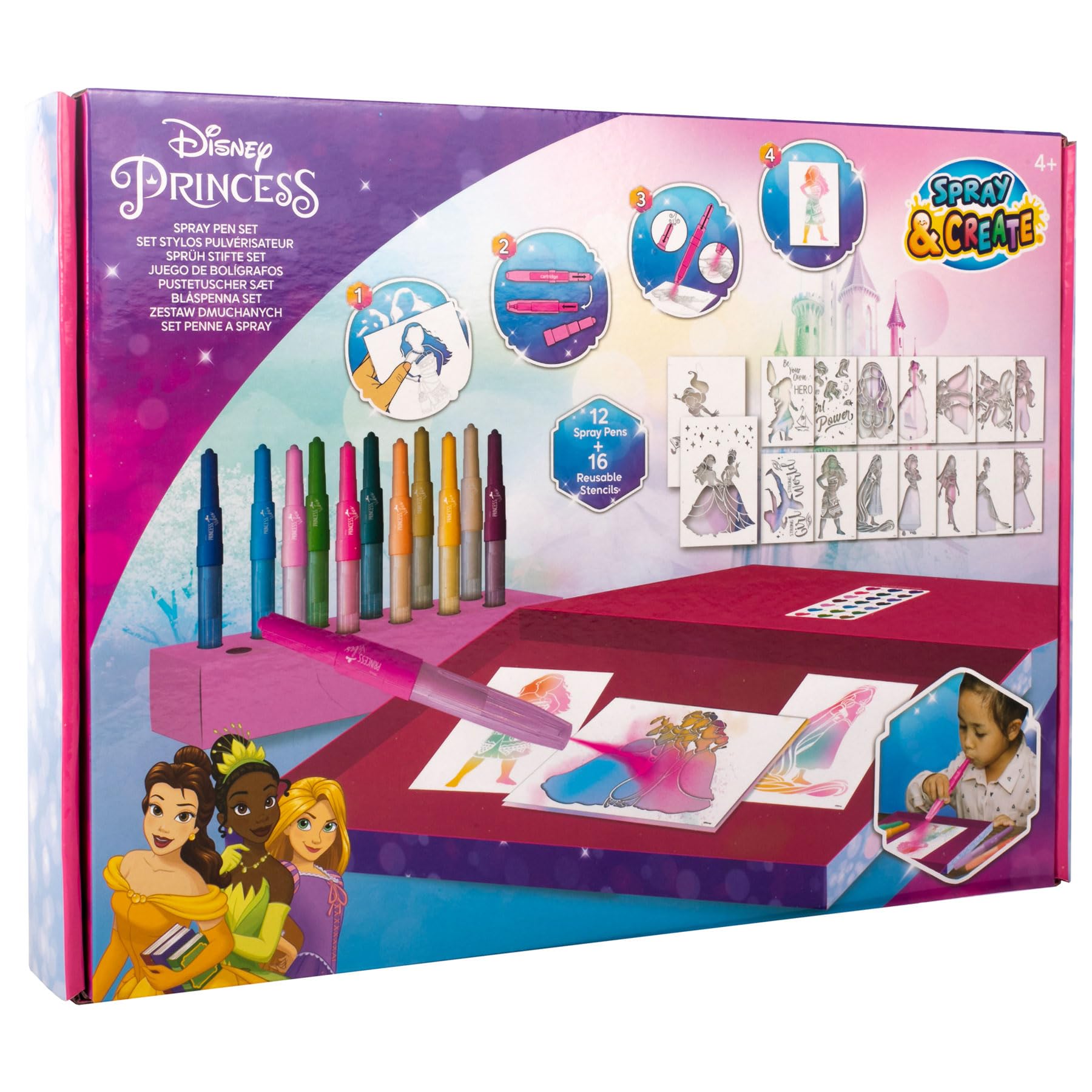 Disney Princess Blow Pen Airbrush Colouring & Stencil Set - Blow Pens for Kids, Deluxe Drawing Kit with 12 Spray Pens, 16 Templates - Creative Arts & Crafts for Children 4+ - Disney-Themed Fun