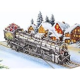 3D Christmas Train Pop Up Card, Festive Holiday Steam Train with Snow Village – Unique Christmas Card with Envelope and Note Tag, Xmas Festive Handcrafted for Family, Friends, Adults, Kids 6x8