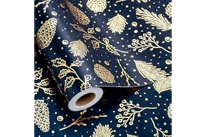 Homeral Christmas Wrapping Paper Roll-46.8 sq.ft. (17in x 33ft) Metallic Shine Navy Blue with Gold Pine Cone, Pine Twig for Christmas, New Year Celebration, Party, Holiday