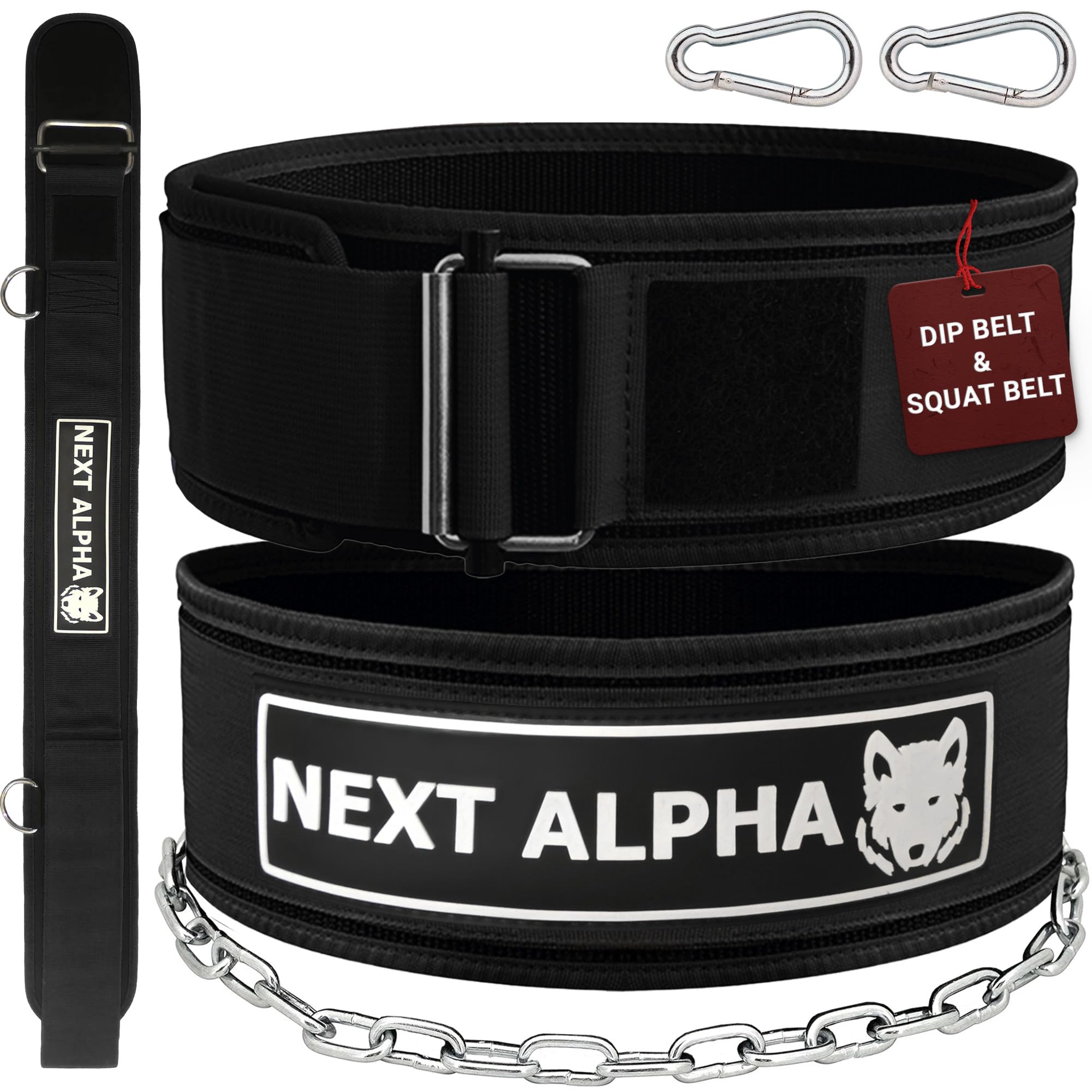 Next Alpha Weightlifting Belt & Dip Belt Combination - Custom Weight Lifting Belt for Men and Women - Self-Locking & Quick Release Buckle - With Chain - Black - Extra Large