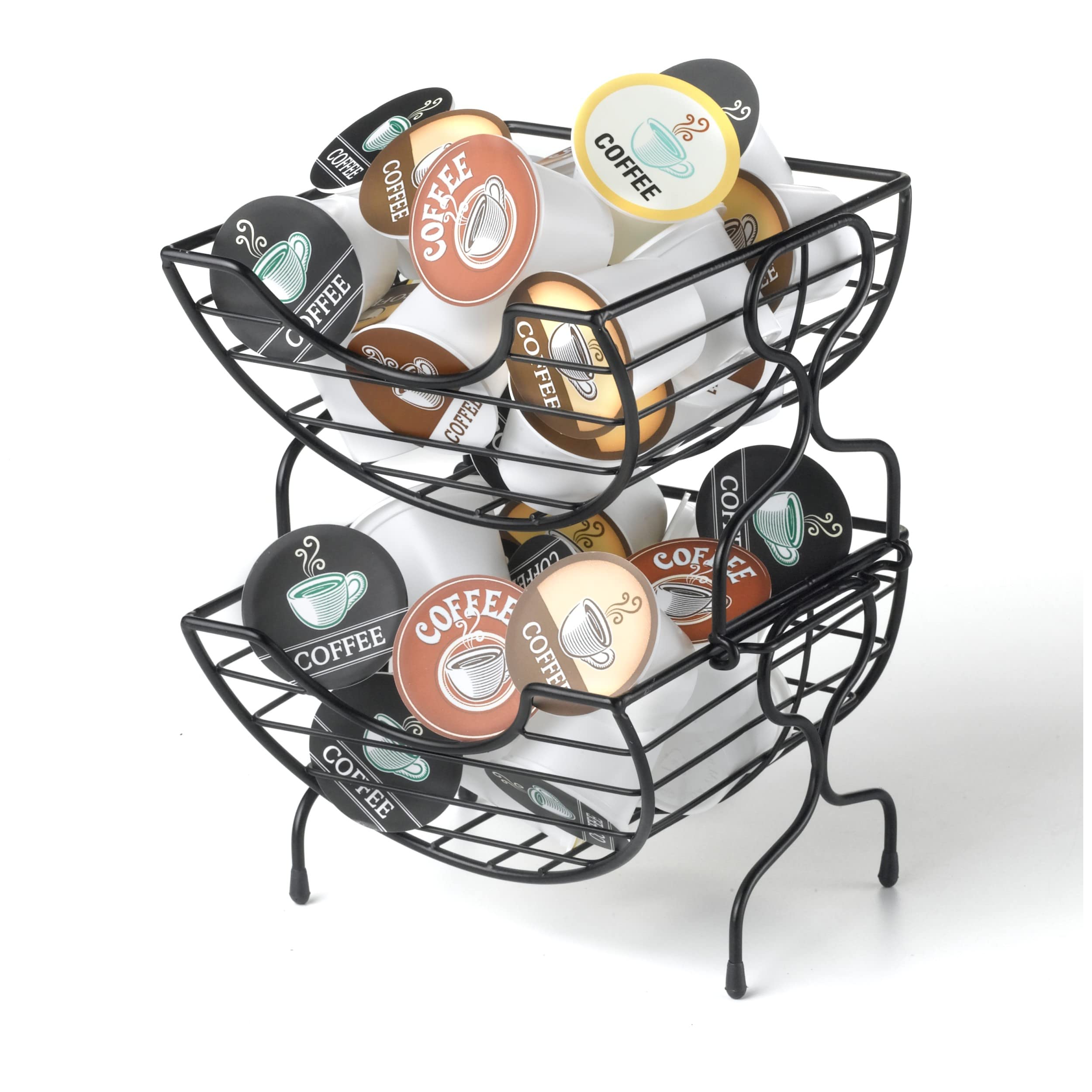 Nifty Single-Serve Wire Coffee Basket – Stacked Two-Tier Coffee Pod Storage Holder, Compatible with K-Cups, Home or Office Kitchen Counter Organizer, Modern Black Design