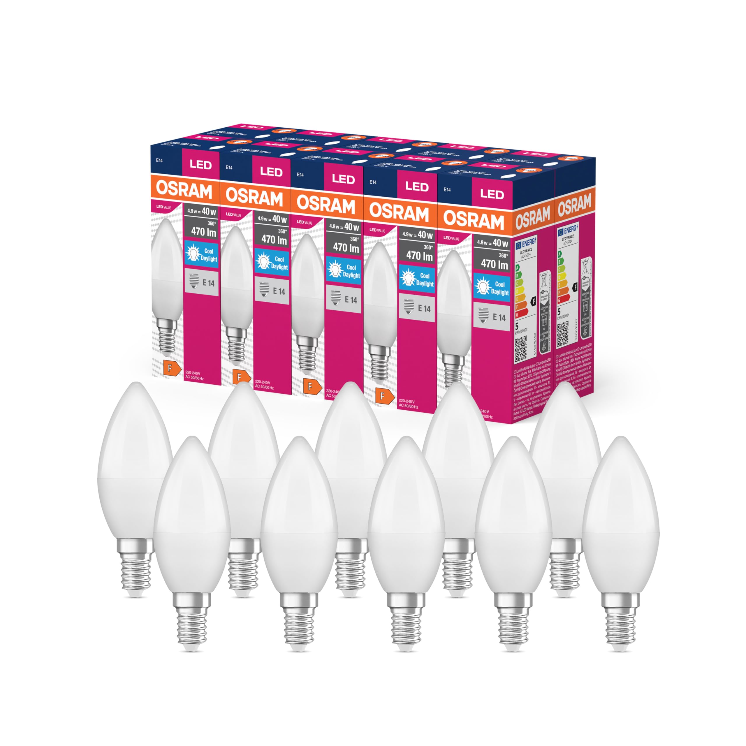 OSRAM Led Star Value Classic B40 Led Lamp for E14 Socket, Candle Shape, Fr, 470 Lumens, Daylight White (6500K), Replacement for Conventional 40W Light Bulbs, Not Dimmable, 10-Pack