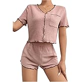 SHENHE Women's Waffle Knit Pajama Set 2 Piece Short Sleeve V Neck Top and Shorts Pjs Loungewear