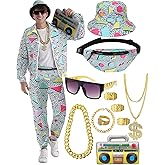 VillbeCoser 80s 90s Outfit for Men Tracksuit Costume, Hip Hop Hat Fanny Pack Ring Bracelet Gold Chain Rapper Sportswear