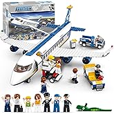 City Passenger Airplane Building Set, 4 in 1 STEM Toy with a Large Airplane, Passenger Bus, Luggage Truck, Container Loader, 