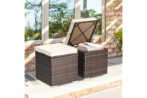 ORALNER 16" Outdoor Ottoman, Set of 2 Wicker Ottoman with Storage, All-Weather Rattan Cube Footstool w/Removable Cushions, Square Foot Rest Seating for Patio, Porch, Deck, Easy Assembly (Cream)