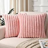 Faylapa Pack of 2 Decorative Throw Pillow Covers Faux Fur Plush Valentines Pillowcases Soft Fluffy Striped 16x16 Inch Pillow Cases for Couch Sofa Living Room Car Home Decoration (Pink)(Cover ONLY)