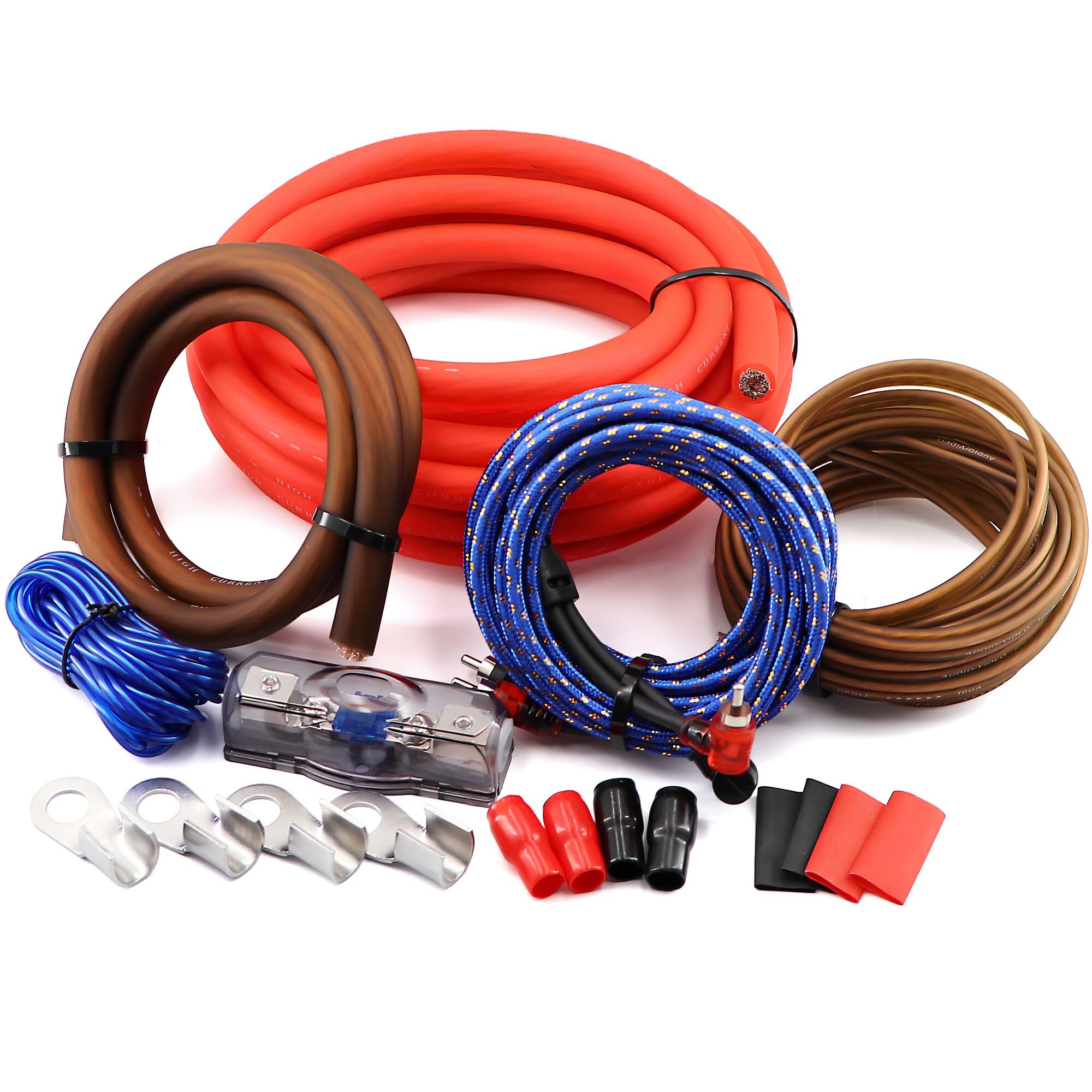 Photo 1 of 0 Gauge CCA Amplifier Wiring Kit 3000W Complete - Copper Clad Aluminum Car Audio Power Cable with Fuse Holder & RCA | for Subwoofer Amp Install