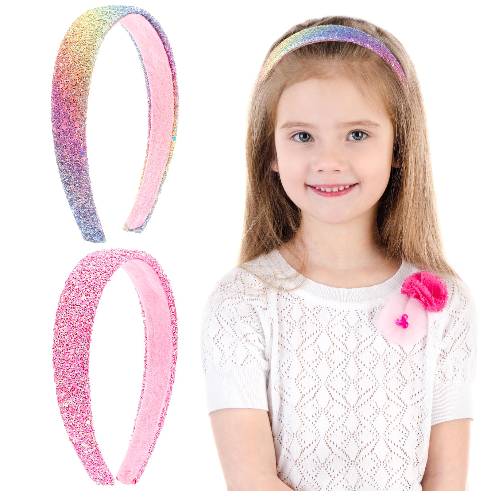COMNICO 2 PCS Glitter Headbands for Girls, Cute Sparkly Wide Thick Head Bands Bling Non Slip Hairband Rainbow Sequin Little Girl Hair Accessories for Children Kids Women
