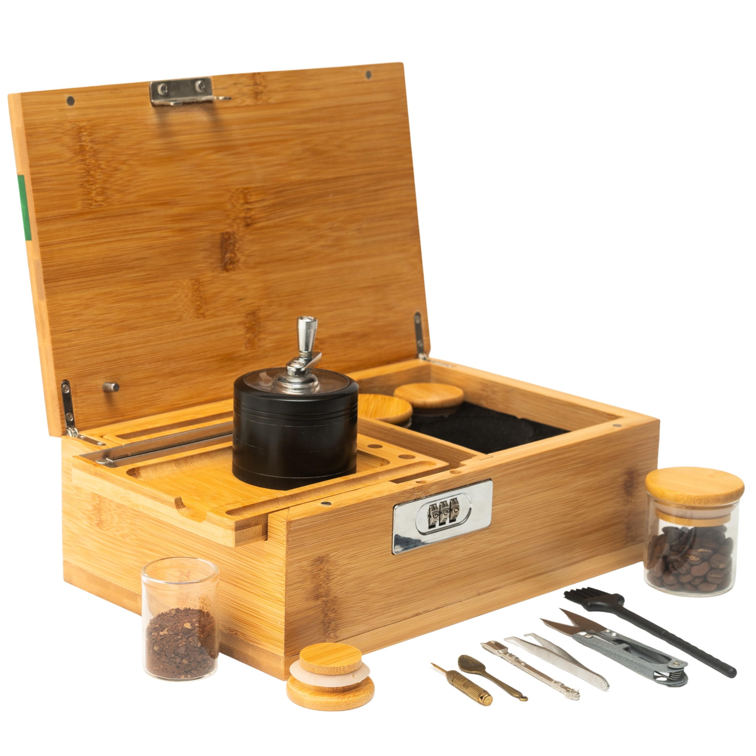 Photo 1 of ALTA VIBES Large Bamboo Storage Box - With Lock, Smell Proof Jars, Tray - Grinder, Decorative Wooden Organizer, 4 Smell Proof Glass Jars & Accessories (Green)